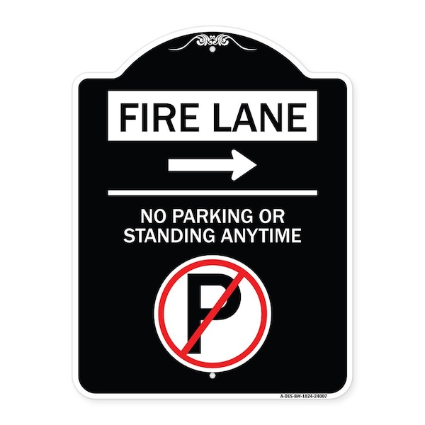 Signmission Fire Lane No Parking or Standing Anytime Heavy-Gauge Aluminum Sign, 24" x 18", BW-1824-24007 A-DES-BW-1824-24007 - main